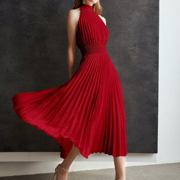 Red Party Women's Shirred Waist Halter Neck Pleated Long Dress - Picture 1 of 7